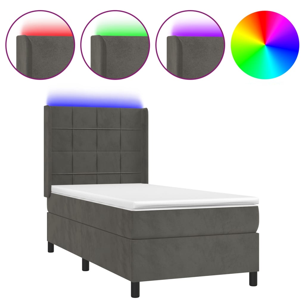 vidaXL Κρεβάτι Boxspring με Στρώμα & LED Σκ. Γκρι 90x190 εκ. Βελούδινο