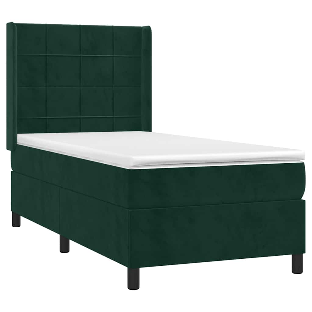 vidaXL Κρεβάτι Boxspring με Στρώμα & LED Σκ. Πράσινο 90x190 εκ Βελούδο
