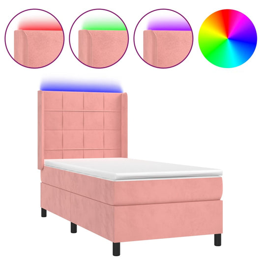 vidaXL Κρεβάτι Boxspring με Στρώμα & LED Ροζ 90x190 εκ. Βελούδινο