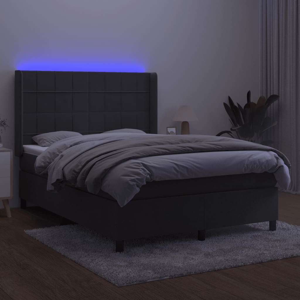 vidaXL Κρεβάτι Boxspring με Στρώμα & LED Σκ. Γκρι 140x190εκ. Βελούδινο