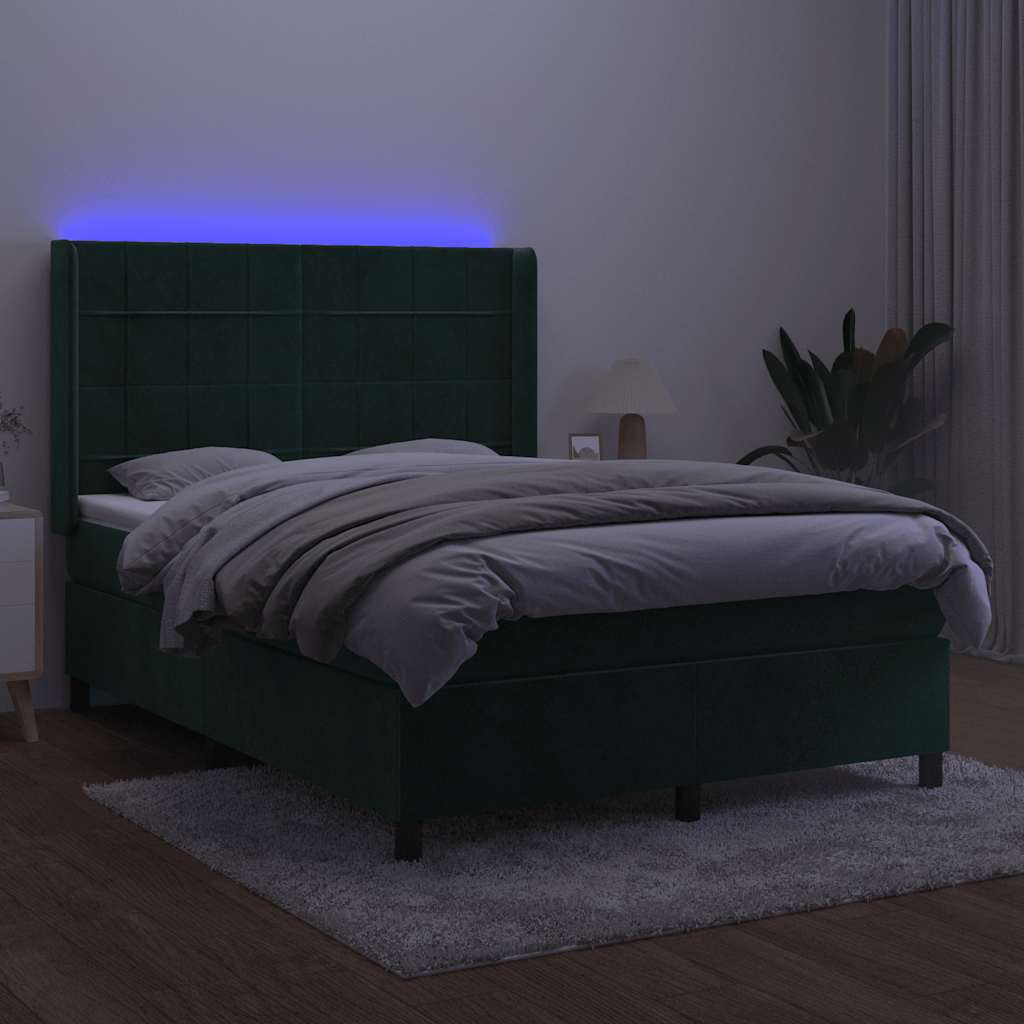 vidaXL Κρεβάτι Boxspring με Στρώμα & LED Σκ. Πράσινο 140x190εκ Βελούδο