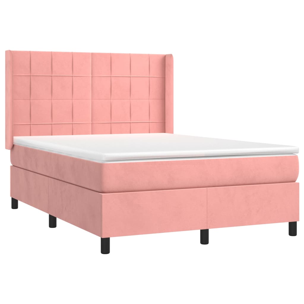 vidaXL Κρεβάτι Boxspring με Στρώμα & LED Ροζ 140x190 εκ. Βελούδινο
