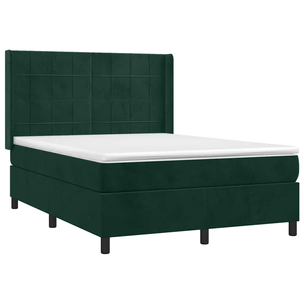 vidaXL Κρεβάτι Boxspring με Στρώμα & LED Σκ. Πράσινο 140x200εκ Βελούδο