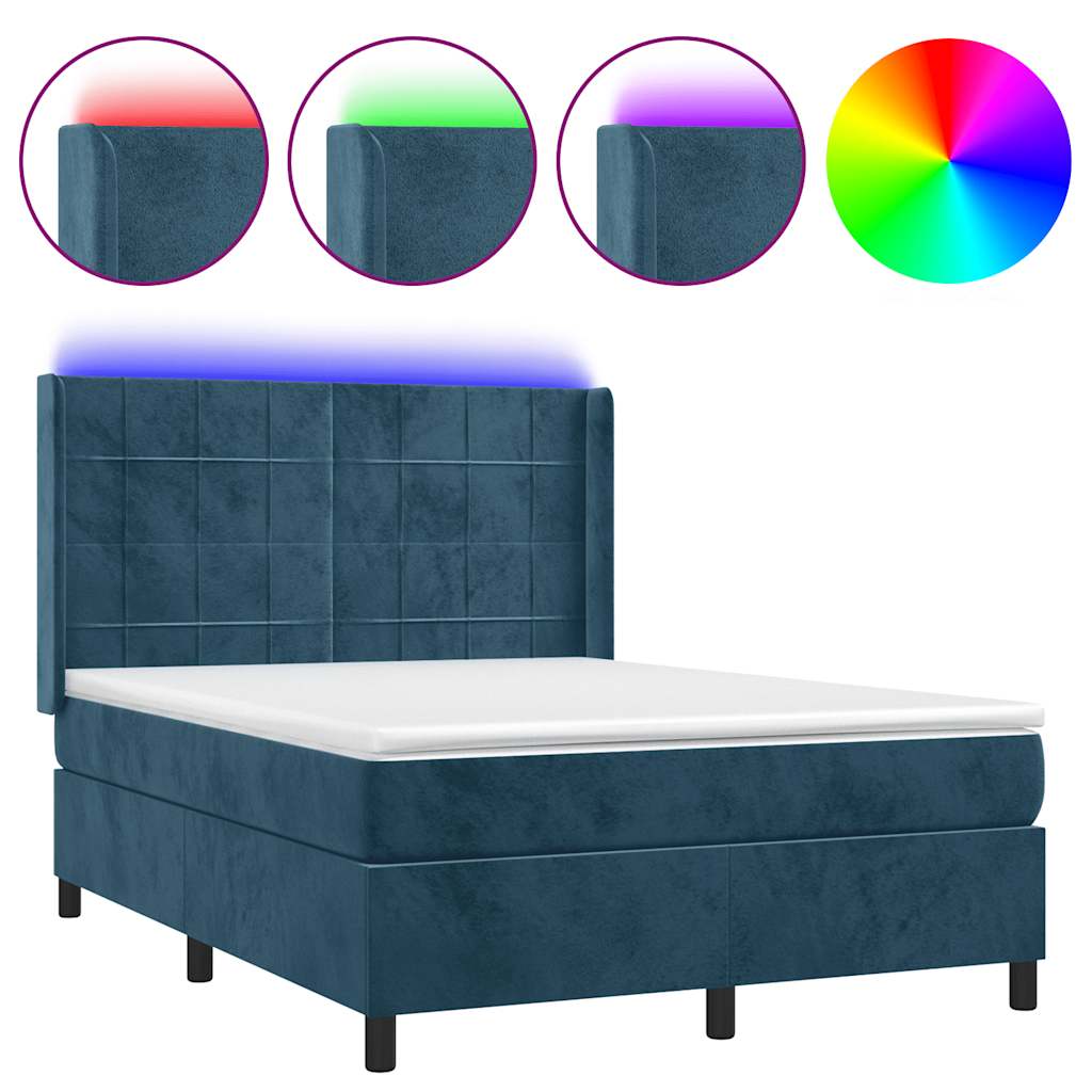 vidaXL Κρεβάτι Boxspring με Στρώμα & LED Σκ. Μπλε 140x200εκ. Βελούδινο