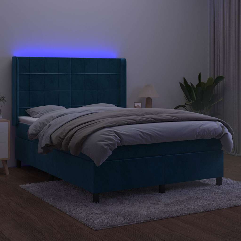 vidaXL Κρεβάτι Boxspring με Στρώμα & LED Σκ. Μπλε 140x200εκ. Βελούδινο