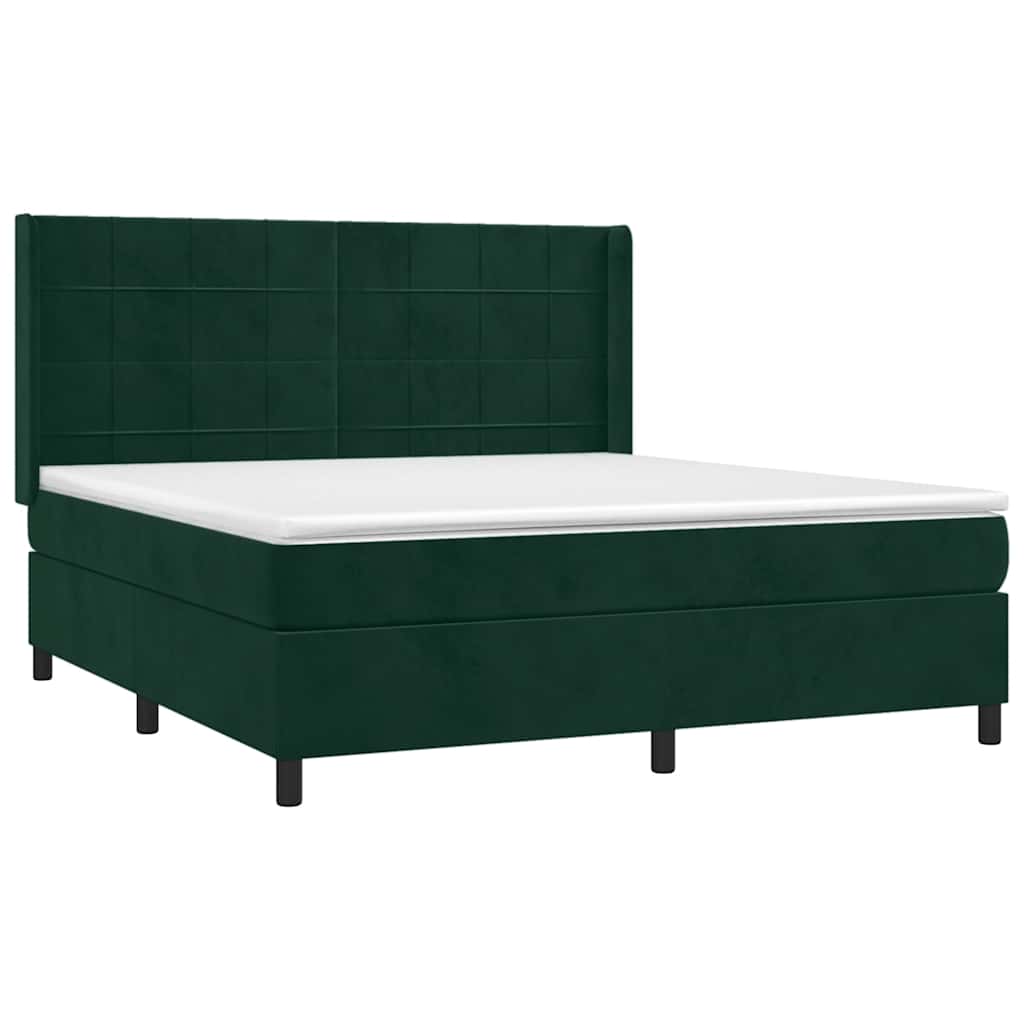 vidaXL Κρεβάτι Boxspring με Στρώμα & LED Σκ. Πράσινο 160x200εκ Βελούδο