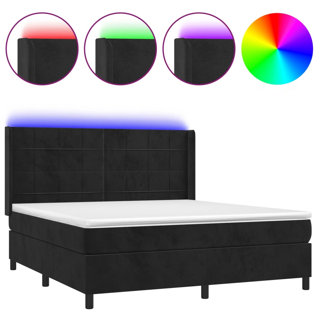 vidaXL Κρεβάτι Boxspring με Στρώμα & LED Μαύρο 180x200 εκ. Βελούδινο