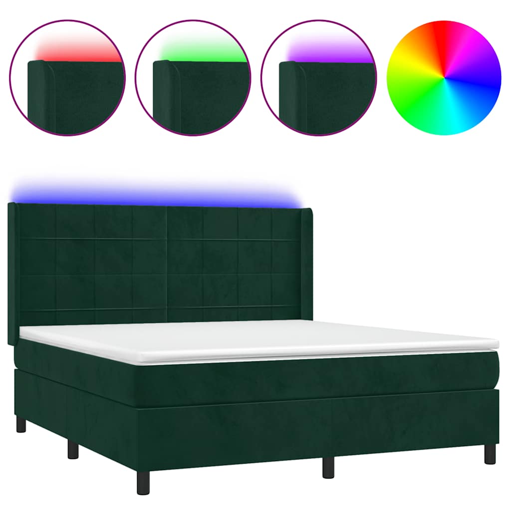 vidaXL Κρεβάτι Boxspring με Στρώμα & LED Σκ. Πράσινο 180x200εκ Βελούδο