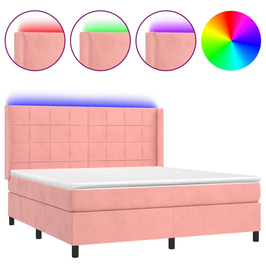 vidaXL Κρεβάτι Boxspring με Στρώμα & LED Ροζ 180x200 εκ. Βελούδινο