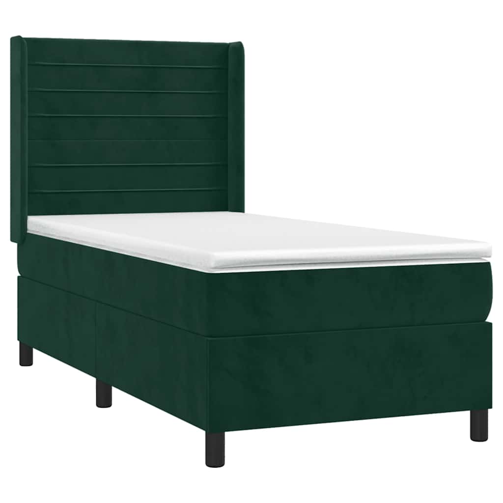 vidaXL Κρεβάτι Boxspring με Στρώμα & LED Σκ. Πράσινο 90x190 εκ Βελούδο