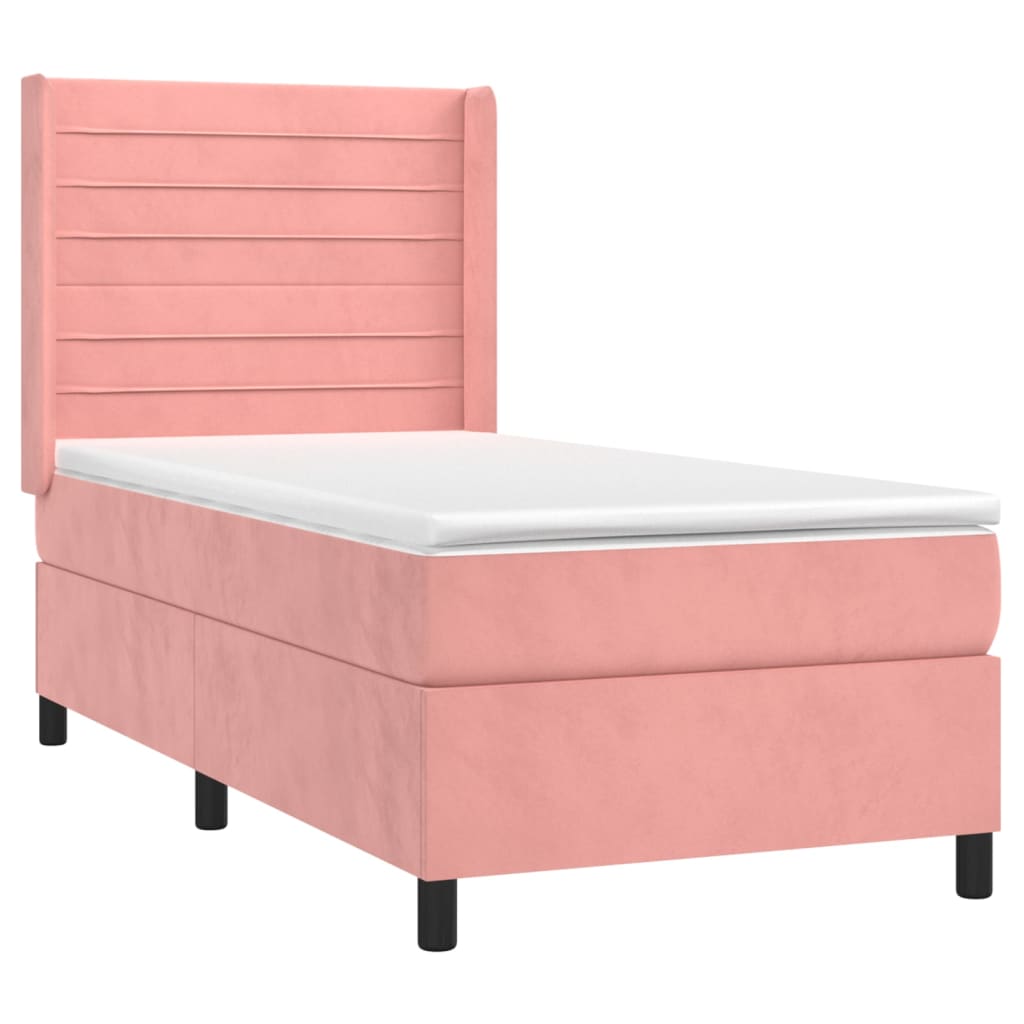 vidaXL Κρεβάτι Boxspring με Στρώμα & LED Ροζ 90x190 εκ. Βελούδινο