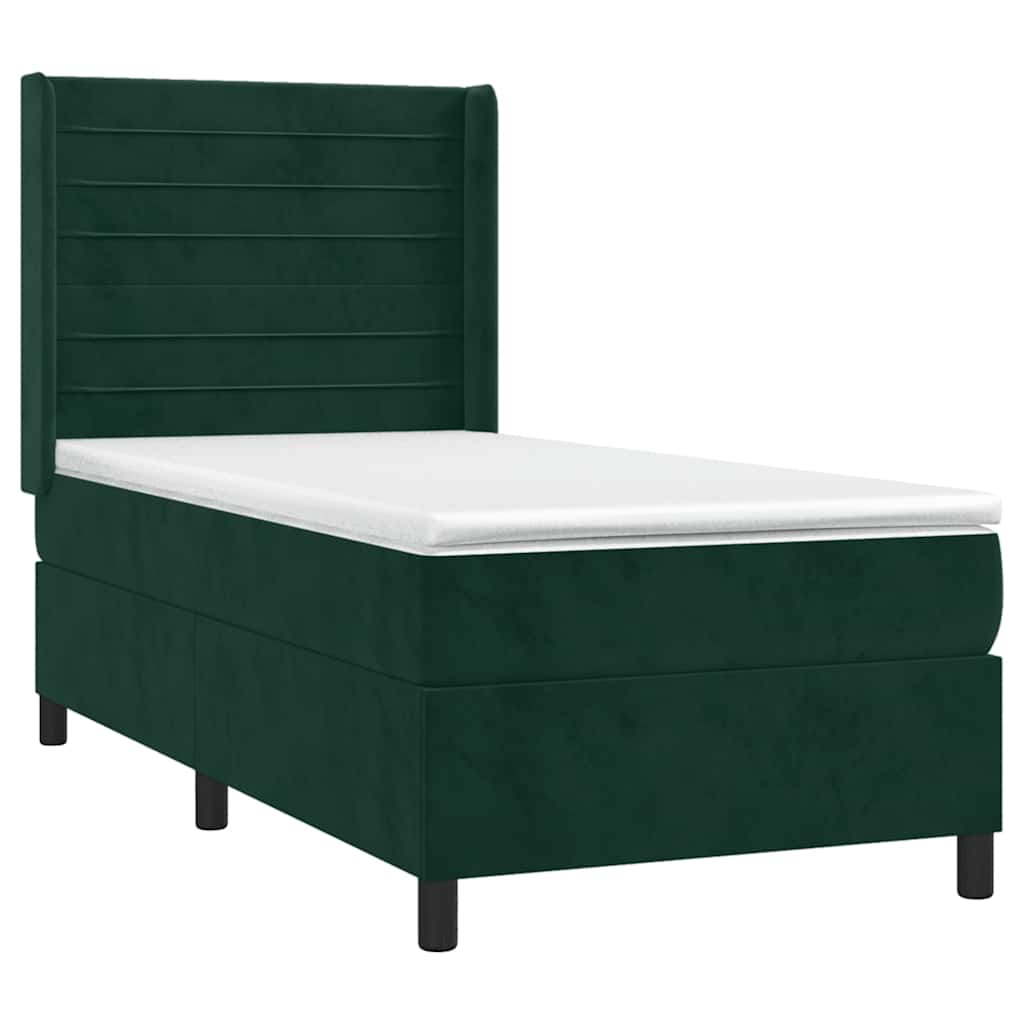 vidaXL Κρεβάτι Boxspring με Στρώμα & LED Σκ. Πράσινο 90x200 εκ Βελούδο