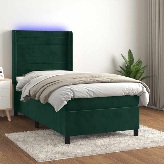 vidaXL Κρεβάτι Boxspring με Στρώμα & LED Σκ. Πράσινο 90x200 εκ Βελούδο