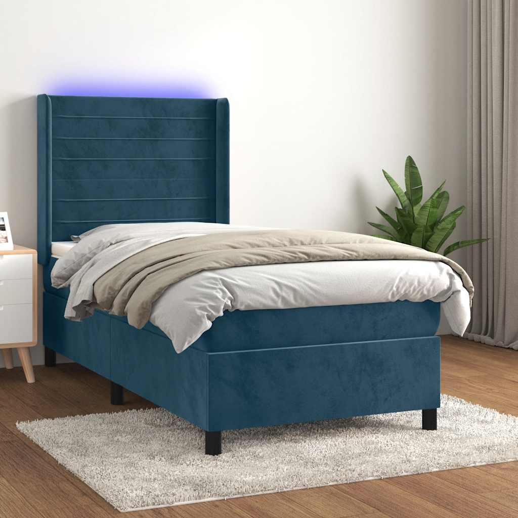 vidaXL Κρεβάτι Boxspring με Στρώμα & LED Σκ. Μπλε 90x200 εκ. Βελούδινο