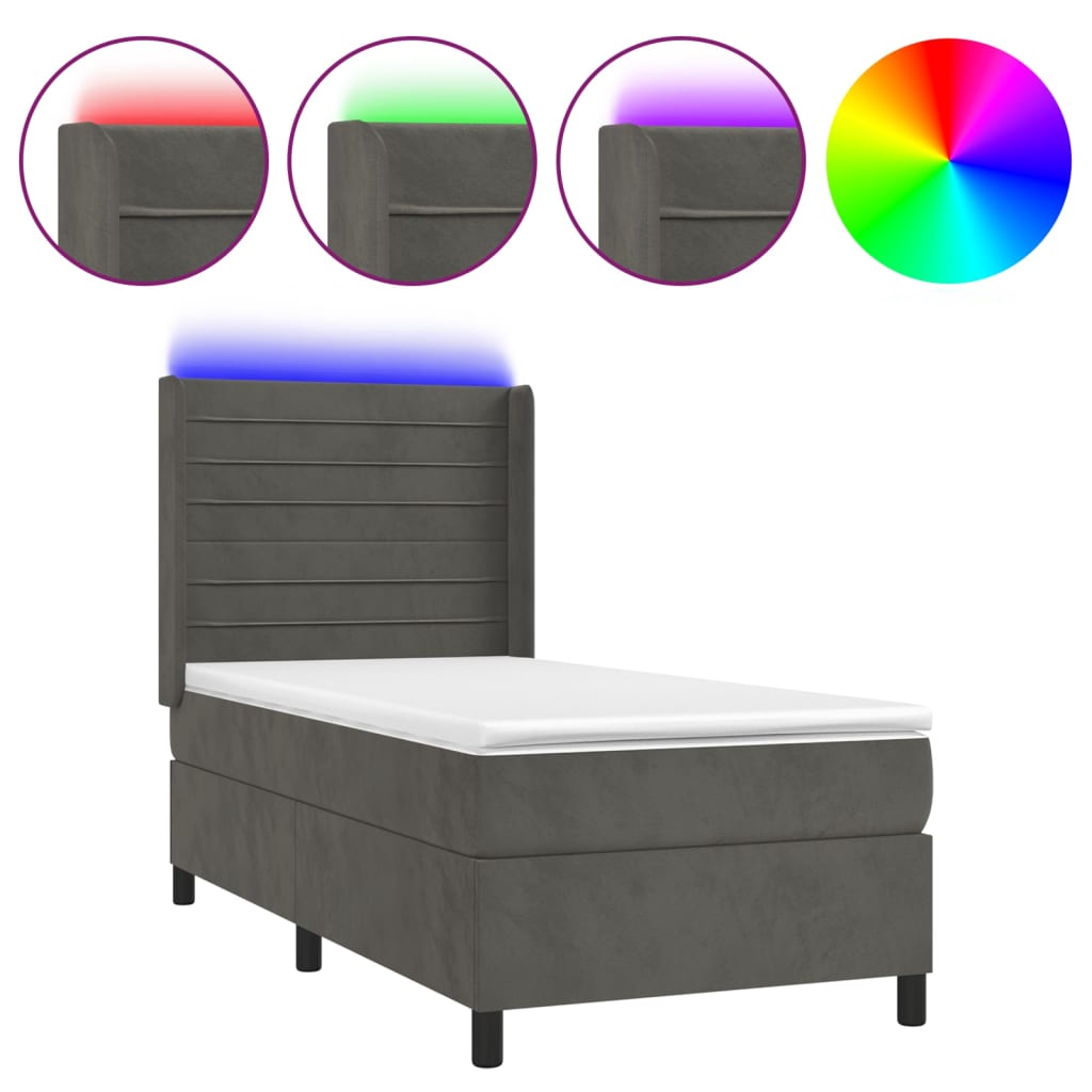 vidaXL Κρεβάτι Boxspring με Στρώμα & LED Σκ. Γκρι 100x200εκ. Βελούδινο