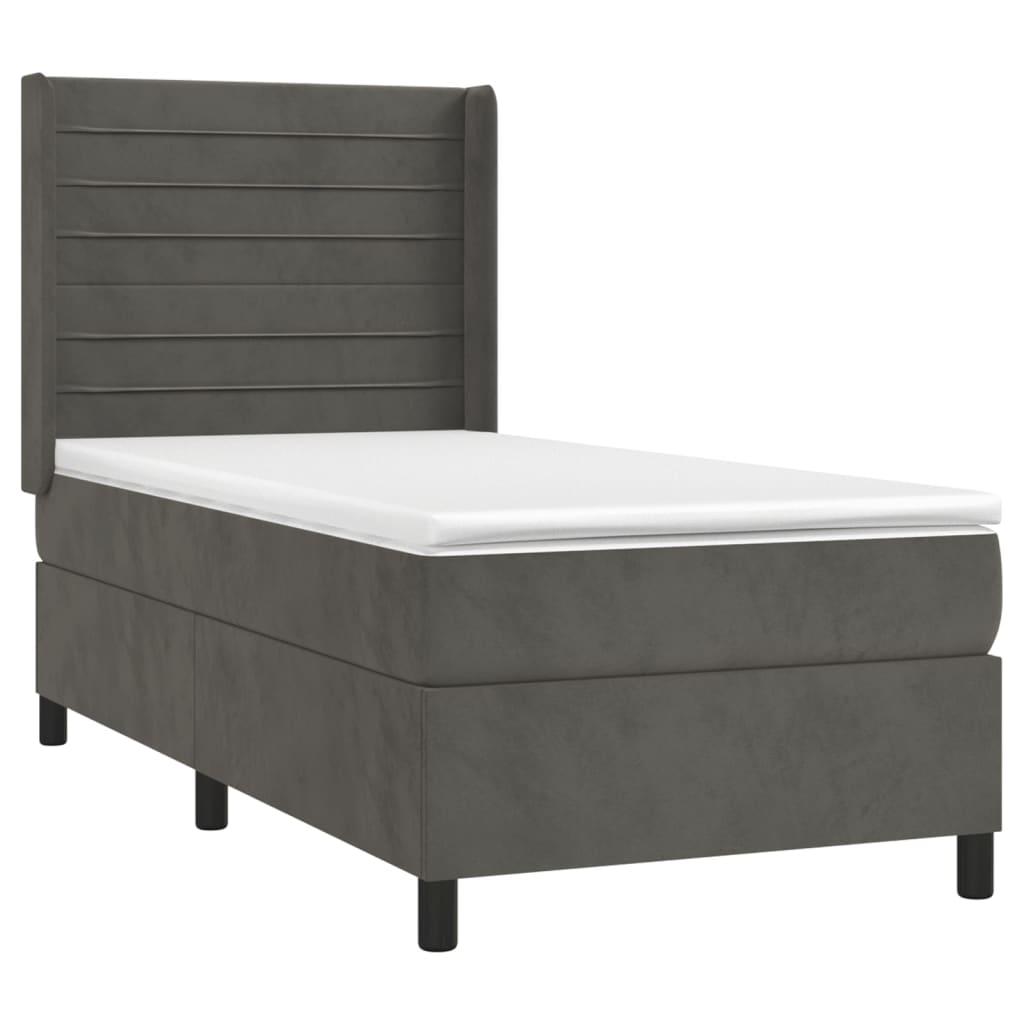 vidaXL Κρεβάτι Boxspring με Στρώμα & LED Σκ. Γκρι 100x200εκ. Βελούδινο