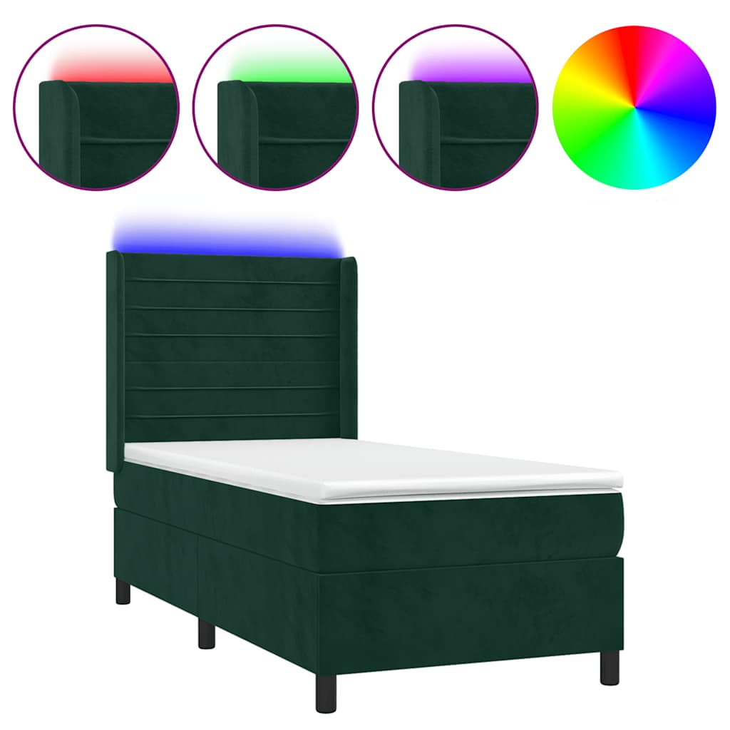 vidaXL Κρεβάτι Boxspring με Στρώμα & LED Σκ. Πράσινο 100x200εκ Βελούδο
