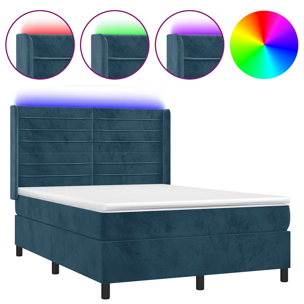 vidaXL Κρεβάτι Boxspring με Στρώμα & LED Σκ. Μπλε 140x190εκ. Βελούδινο