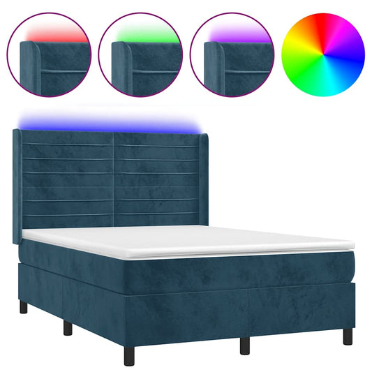 vidaXL Κρεβάτι Boxspring με Στρώμα & LED Σκ. Μπλε 140x190εκ. Βελούδινο