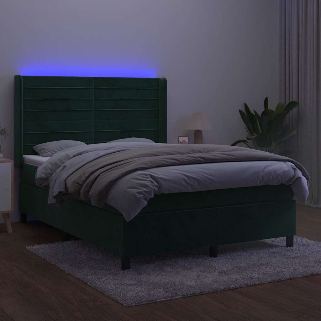 vidaXL Κρεβάτι Boxspring με Στρώμα & LED Σκ. Πράσινο 140x200εκ Βελούδο