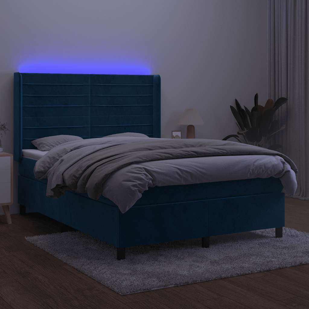 vidaXL Κρεβάτι Boxspring με Στρώμα & LED Σκ. Μπλε 140x200εκ. Βελούδινο