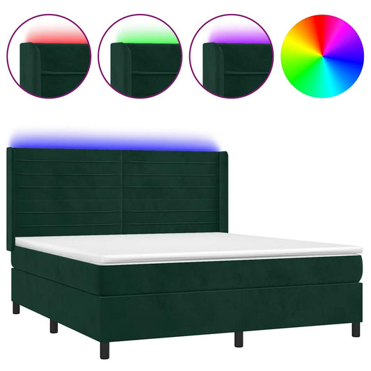 vidaXL Κρεβάτι Boxspring με Στρώμα & LED Σκ. Πράσινο 160x200εκ Βελούδο