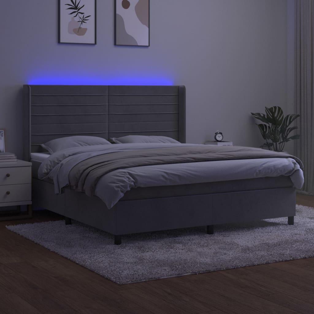 vidaXL Κρεβάτι Boxspring με Στρώμα & LED Αν.Γκρι 180x200 εκ. Βελούδινο