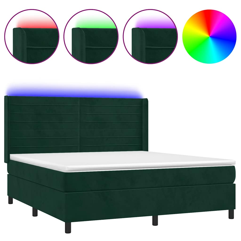 vidaXL Κρεβάτι Boxspring με Στρώμα & LED Σκ. Πράσινο 180x200εκ Βελούδο