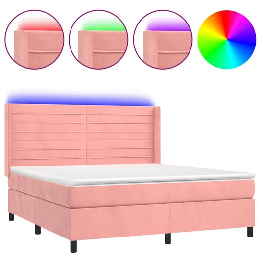 vidaXL Κρεβάτι Boxspring με Στρώμα & LED Ροζ 180x200 εκ. Βελούδινο