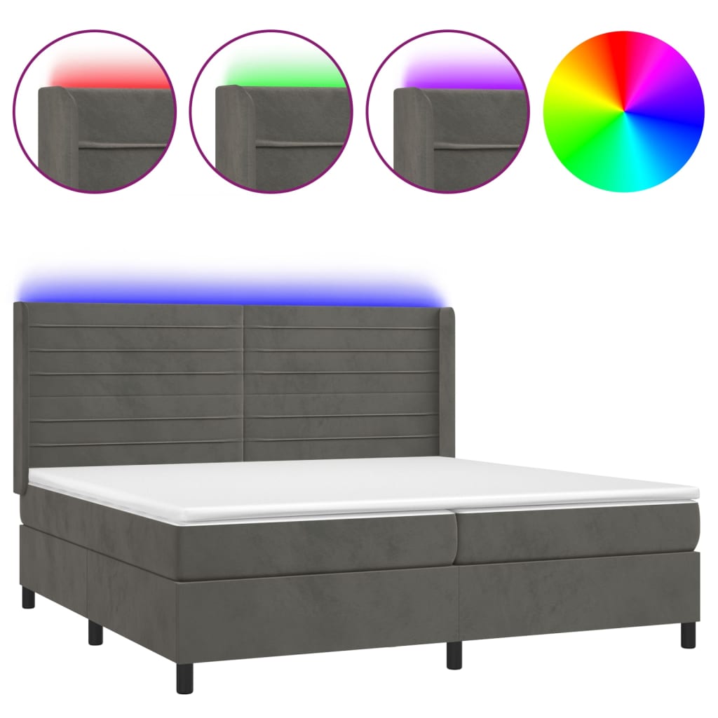 vidaXL Κρεβάτι Boxspring με Στρώμα & LED Σκ. Γκρι 200x200εκ. Βελούδινο