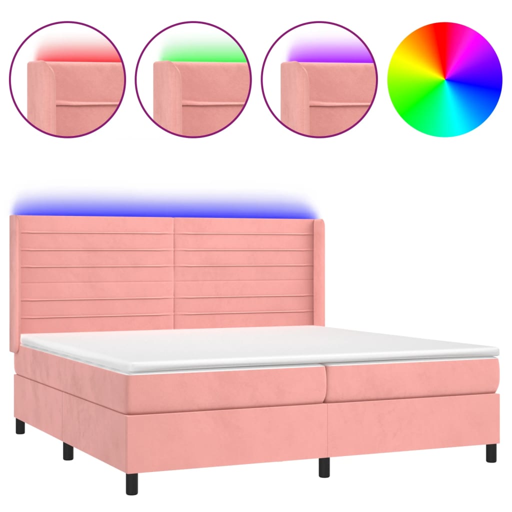 vidaXL Κρεβάτι Boxspring με Στρώμα & LED Ροζ 200x200 εκ. Βελούδινο