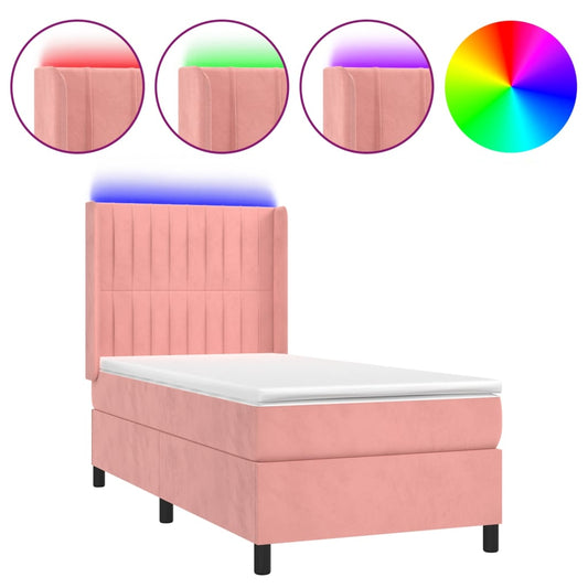 vidaXL Κρεβάτι Boxspring με Στρώμα & LED Ροζ 80 x 200 εκ. Βελούδινο