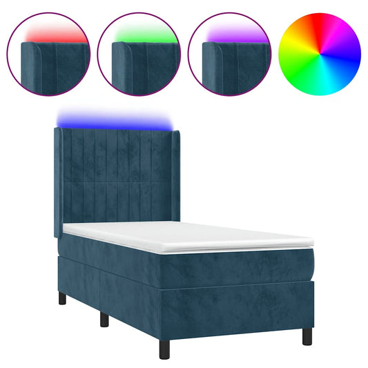 vidaXL Κρεβάτι Boxspring με Στρώμα & LED Σκ. Μπλε 90x190 εκ. Βελούδινο