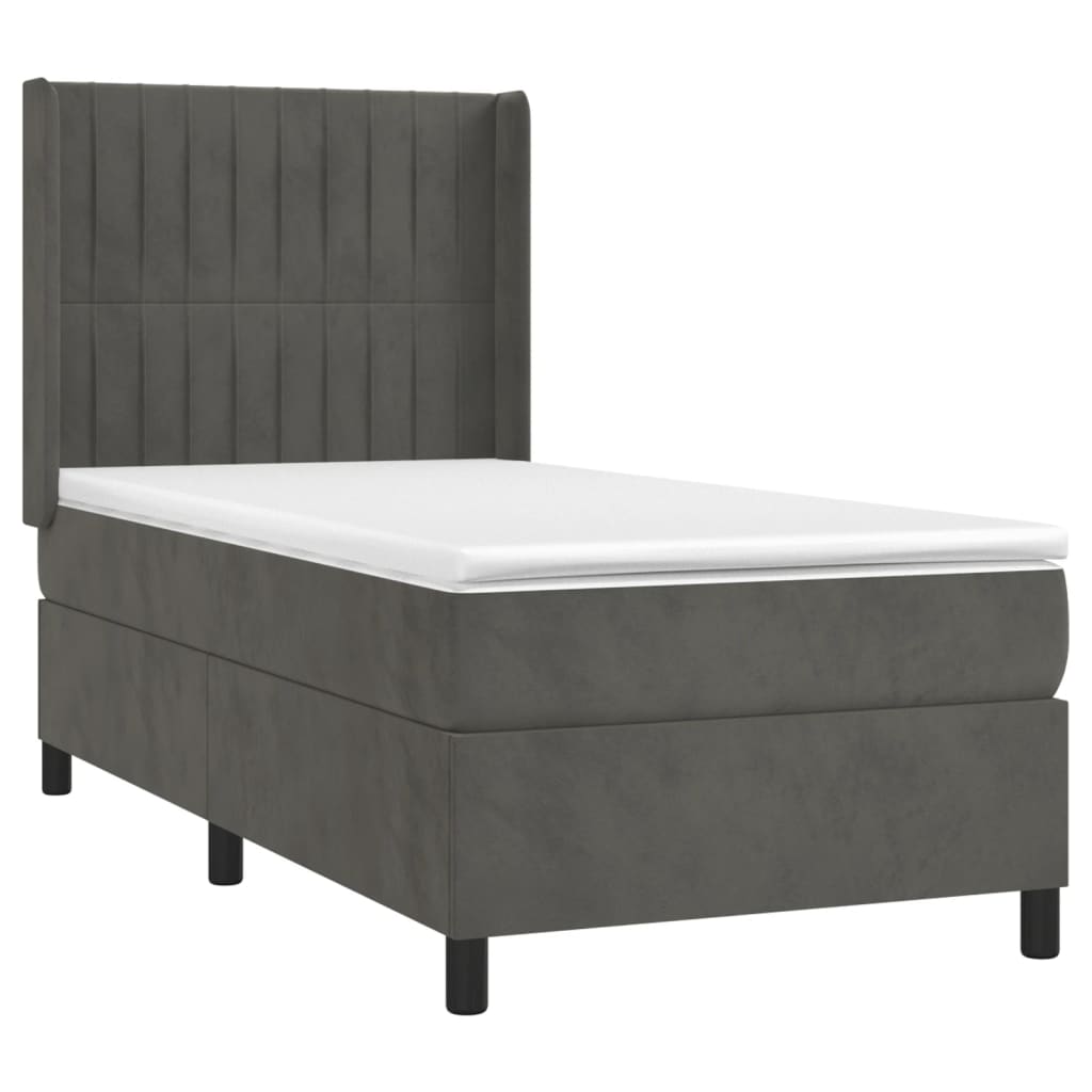 vidaXL Κρεβάτι Boxspring με Στρώμα & LED Σκ. Γκρι 90x200 εκ. Βελούδινο
