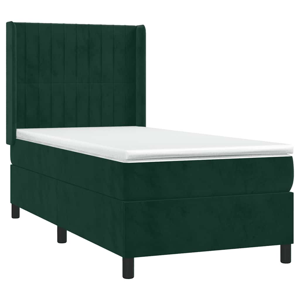 vidaXL Κρεβάτι Boxspring με Στρώμα & LED Σκ. Πράσινο 90x200 εκ Βελούδο