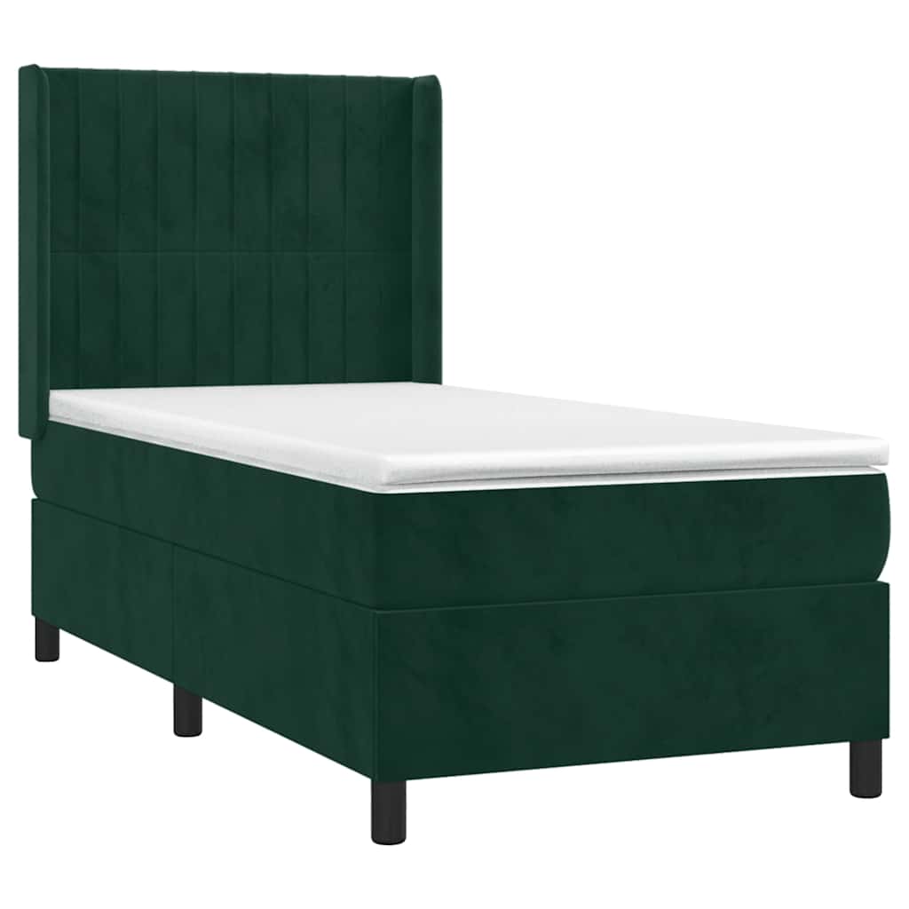 vidaXL Κρεβάτι Boxspring με Στρώμα & LED Σκ. Πράσινο 100x200εκ Βελούδο