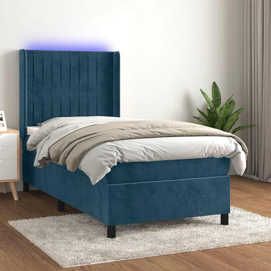 vidaXL Κρεβάτι Boxspring με Στρώμα & LED Σκ. Μπλε 100x200εκ. Βελούδινο