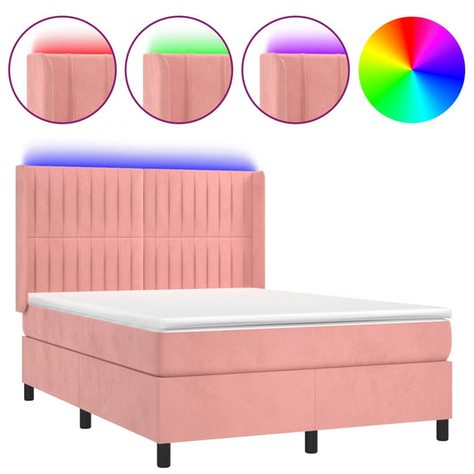 vidaXL Κρεβάτι Boxspring με Στρώμα & LED Ροζ 140x200 εκ. Βελούδινο