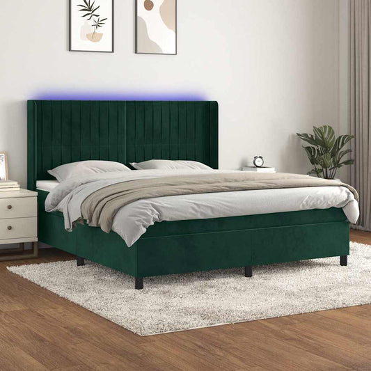 vidaXL Κρεβάτι Boxspring με Στρώμα & LED Σκ. Πράσινο 160x200εκ Βελούδο