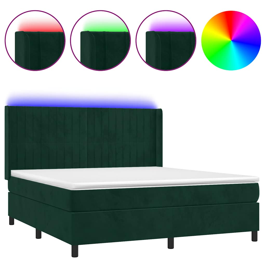 vidaXL Κρεβάτι Boxspring με Στρώμα & LED Σκ. Πράσινο 180x200εκ Βελούδο