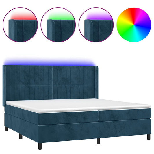 vidaXL Κρεβάτι Boxspring με Στρώμα & LED Σκ. Μπλε 200x200εκ. Βελούδινο