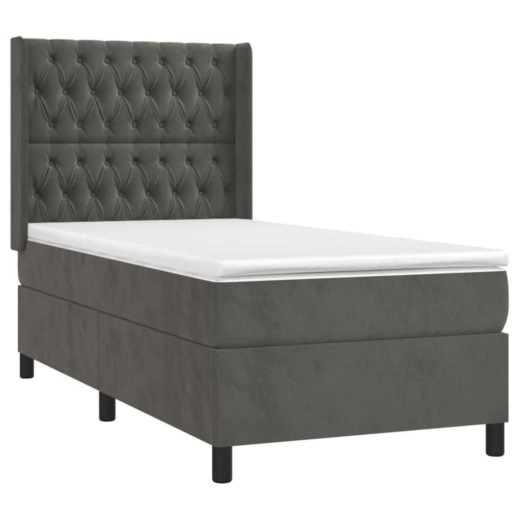 vidaXL Κρεβάτι Boxspring με Στρώμα & LED Σκ. Γκρι 90x200 εκ. Βελούδινο