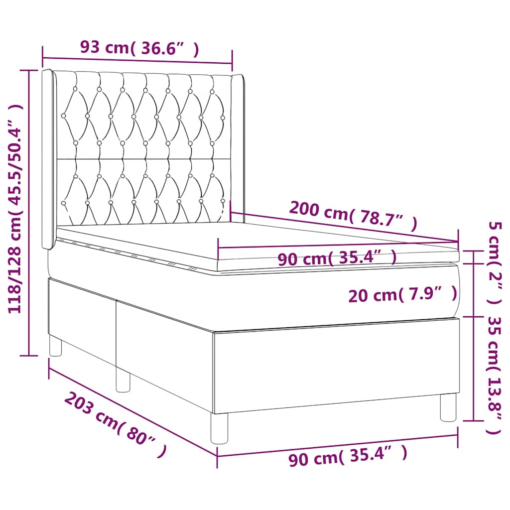 vidaXL Κρεβάτι Boxspring με Στρώμα & LED Σκ. Πράσινο 90x200 εκ Βελούδο