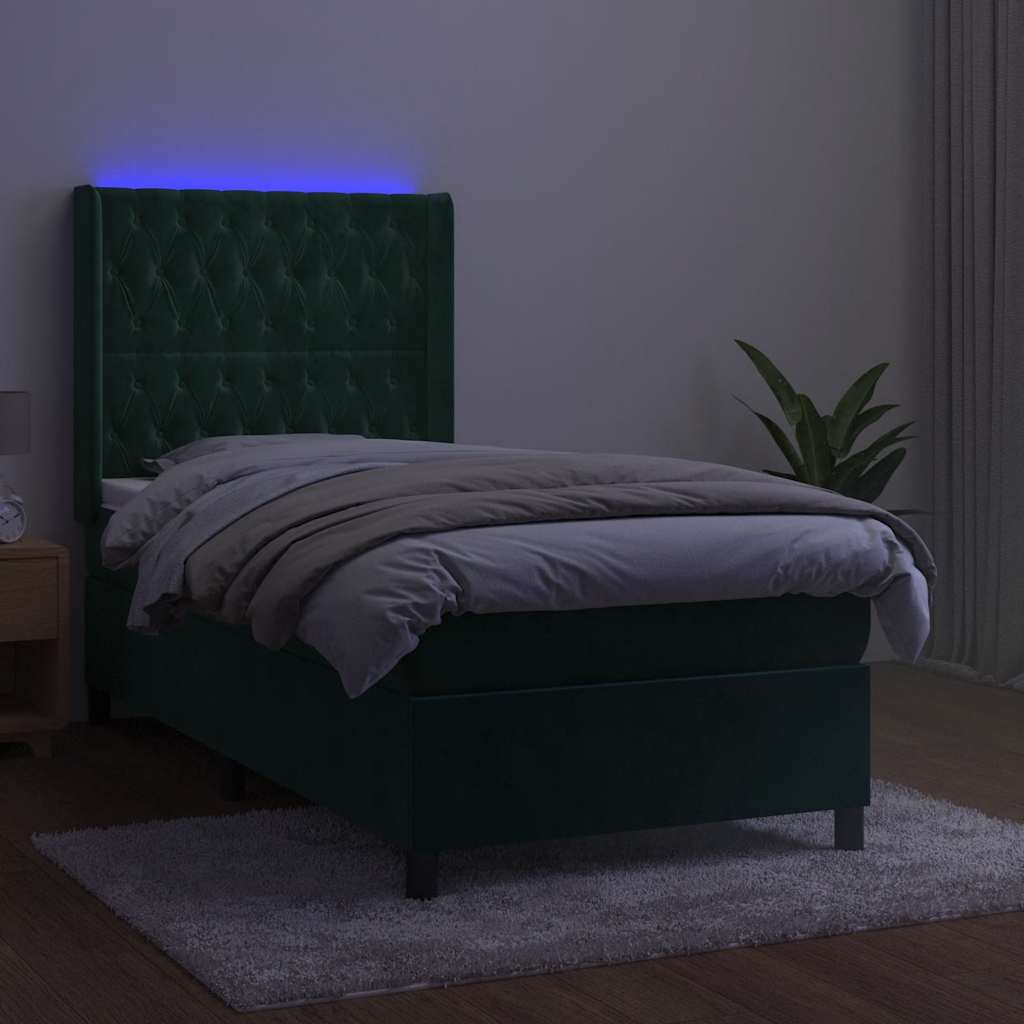 vidaXL Κρεβάτι Boxspring με Στρώμα & LED Σκ. Πράσινο 100x200εκ Βελούδο