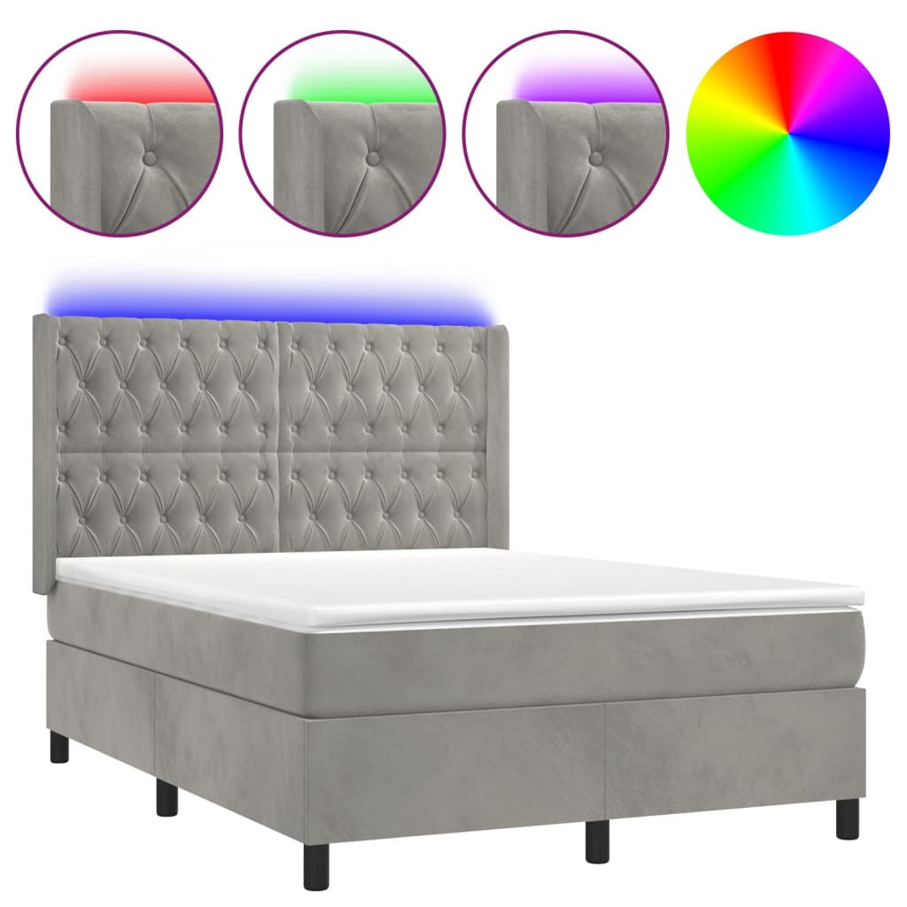 vidaXL Κρεβάτι Boxspring με Στρώμα&LED Αν. Γκρι 140x190 εκ. Βελούδινο