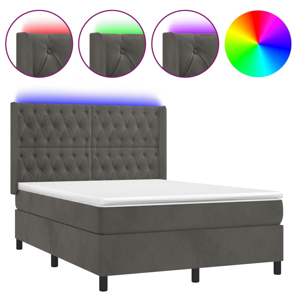 vidaXL Κρεβάτι Boxspring με Στρώμα & LED Σκ. Γκρι 140x190εκ. Βελούδινο