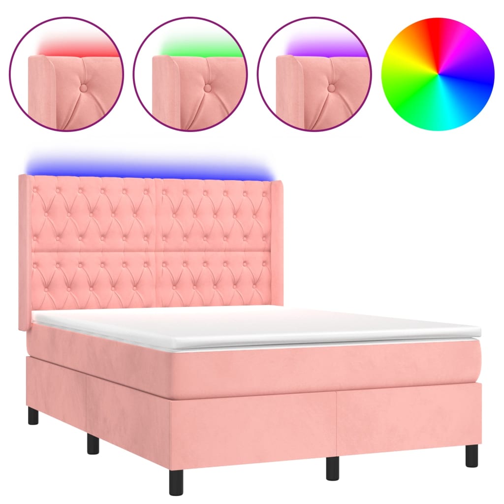 vidaXL Κρεβάτι Boxspring με Στρώμα & LED Ροζ 140x190 εκ. Βελούδινο