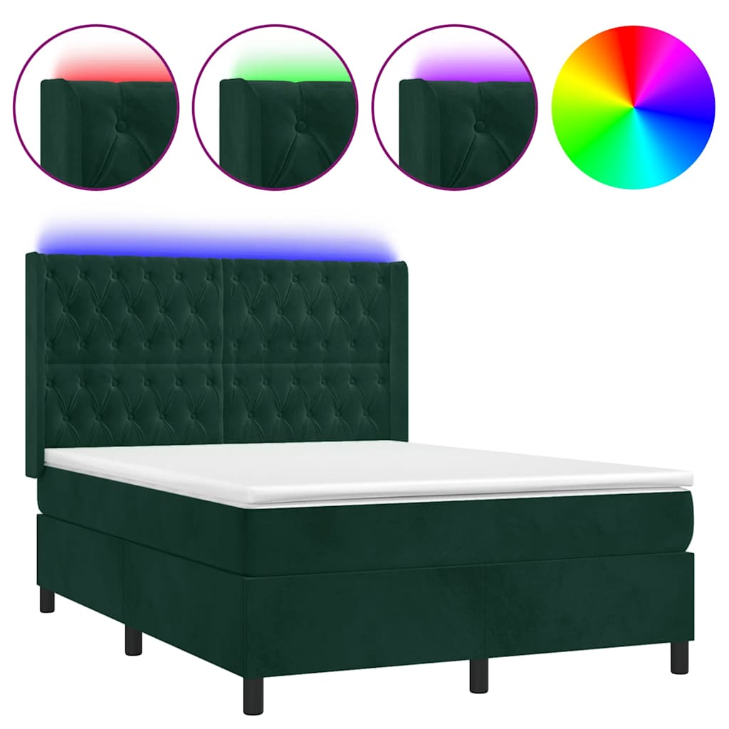 vidaXL Κρεβάτι Boxspring με Στρώμα & LED Σκ. Πράσινο 140x200εκ Βελούδο
