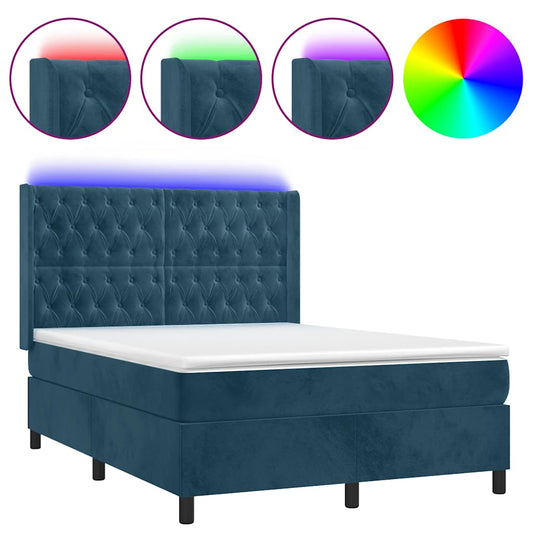 vidaXL Κρεβάτι Boxspring με Στρώμα & LED Σκ. Μπλε 140x200εκ. Βελούδινο