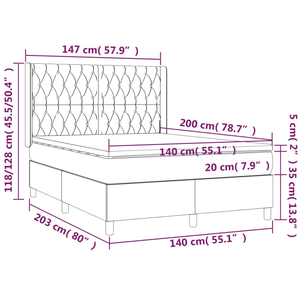 vidaXL Κρεβάτι Boxspring με Στρώμα & LED Ροζ 140x200 εκ. Βελούδινο